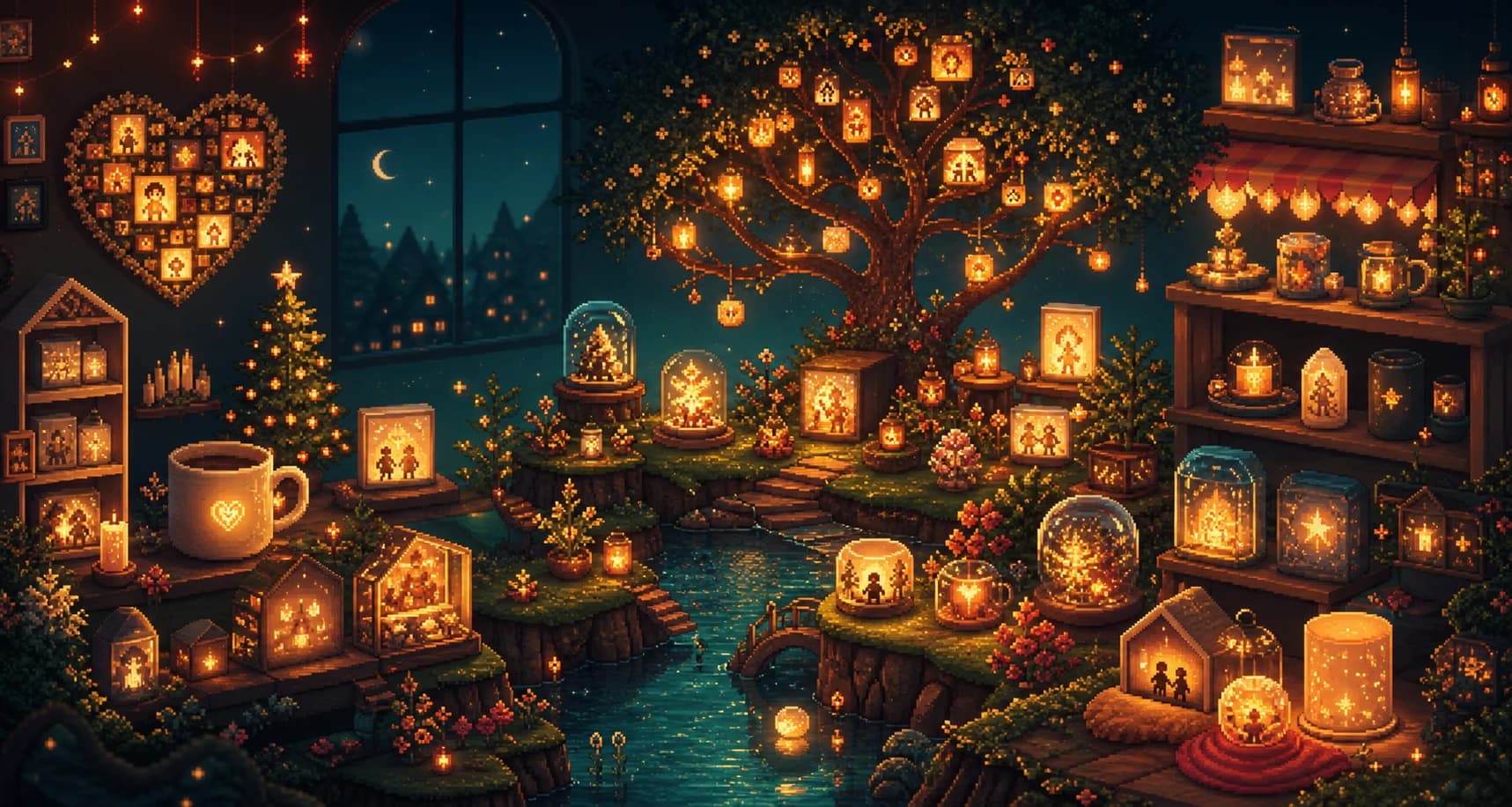 Pixel-art-inspired PixelMeWorld illuminated personalization illustration for homepage brand storytelling.