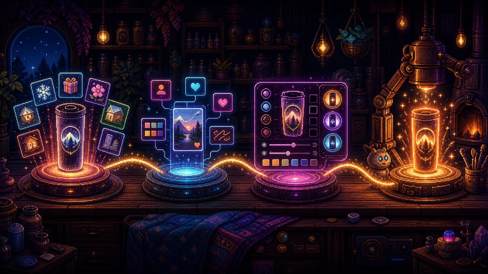 Pixel-art-inspired PixelMeWorld workflow illustration showing an idea moving through collection inspiration, personalization, review, and careful craft.