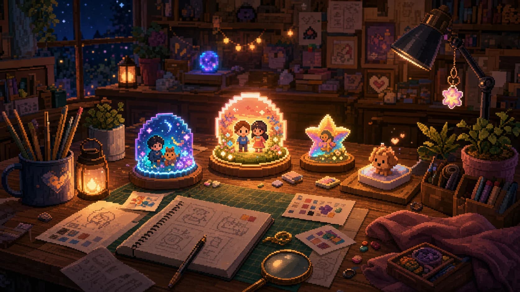 Pixel-art-inspired PixelMeWorld craft table illustration with warm personalized glow, tiny keepsake details, and careful review mood.