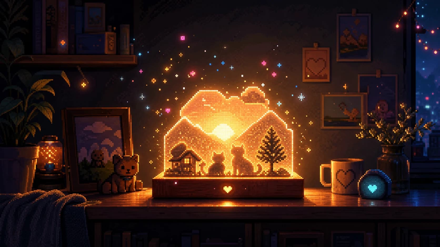 Pixel-art-inspired PixelMeWorld glow reveal illustration with warm light turning a personalized idea into an emotional illuminated moment.