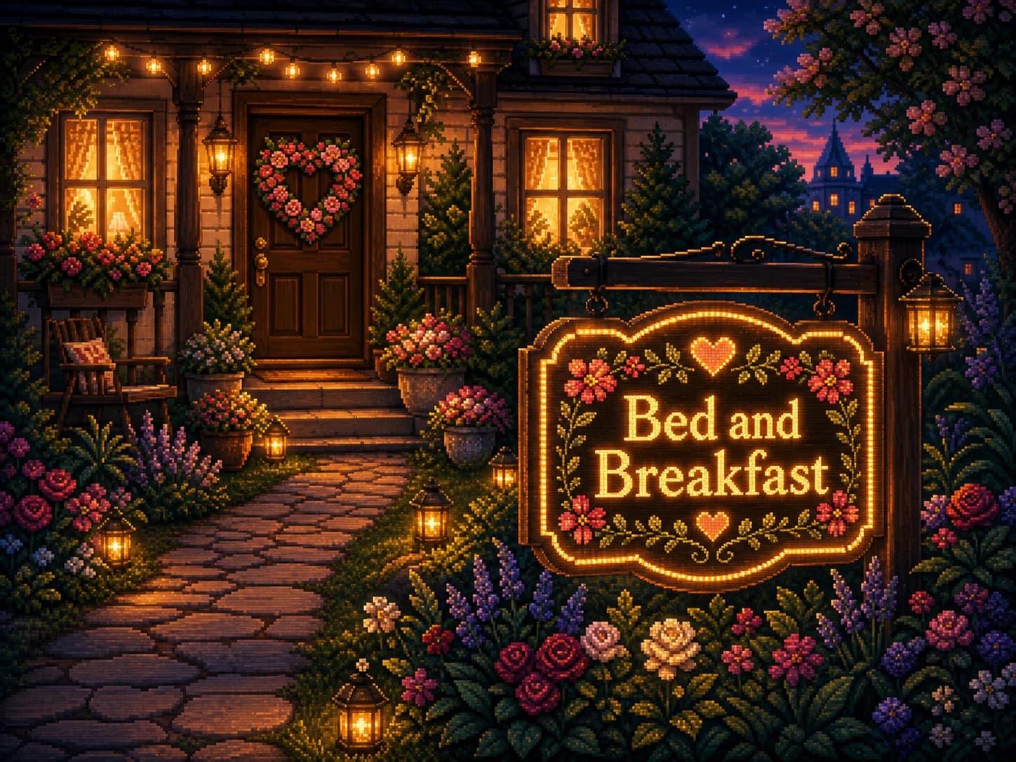 Pixel-art-inspired Bed and Breakfast yard sign with a flowered heart wreath on the door.
