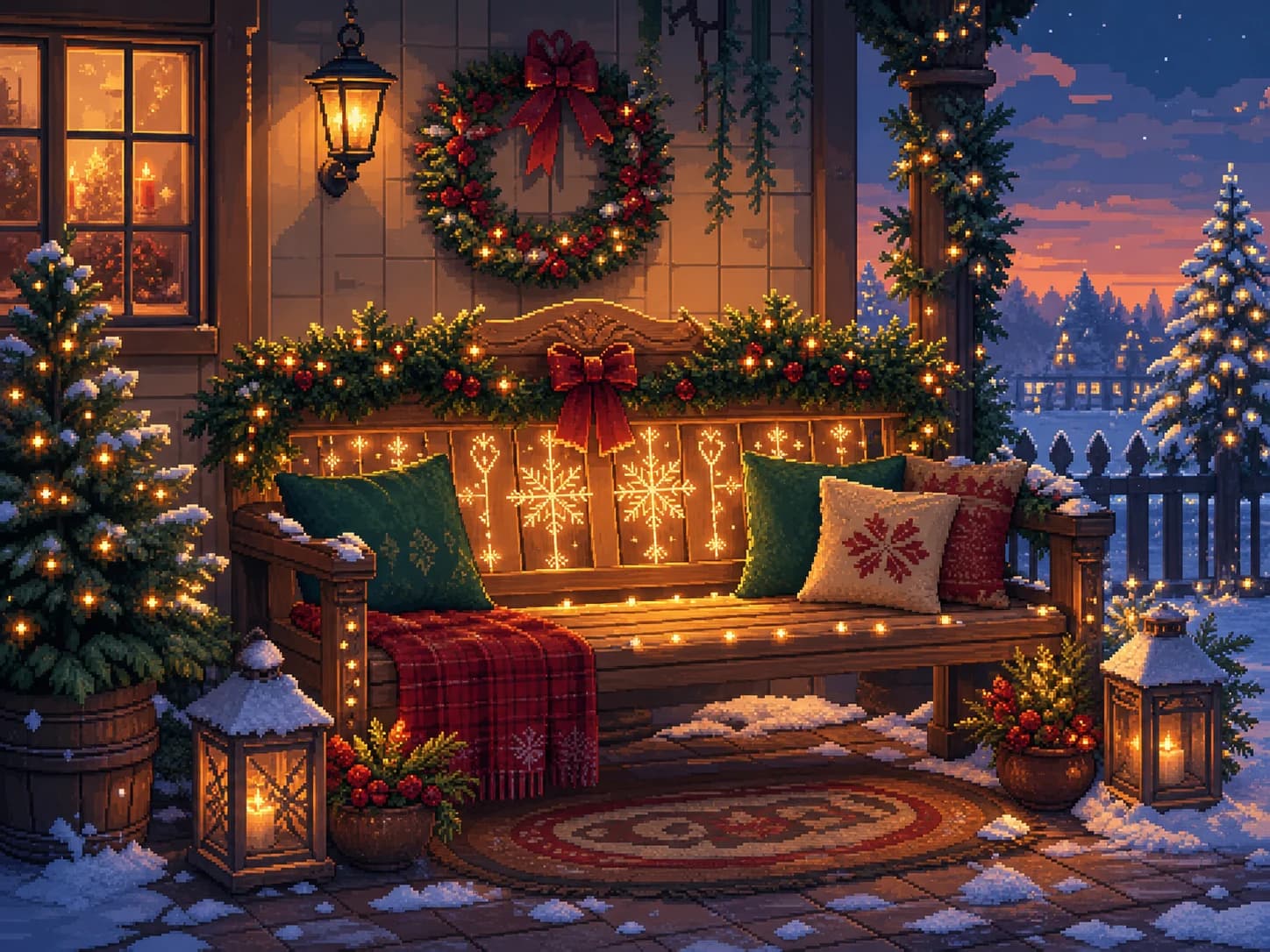 Pixel-art-inspired illuminated Christmas bench representing the Christmas and Seasonal collection.