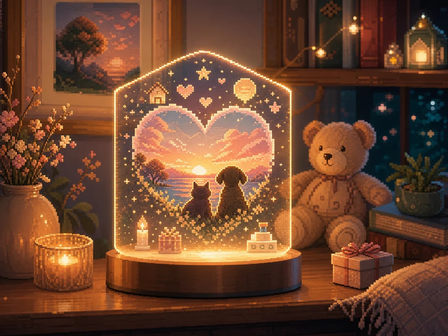 Pixel-art-inspired acrylic keepsake concept representing Keepsakes and Gifts.
