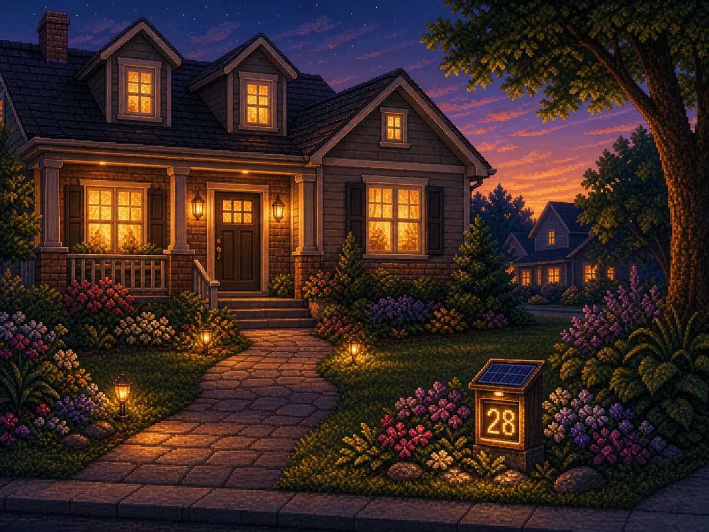 Pixel-art-inspired residential curb appeal scene with a small solar-powered home number sign.