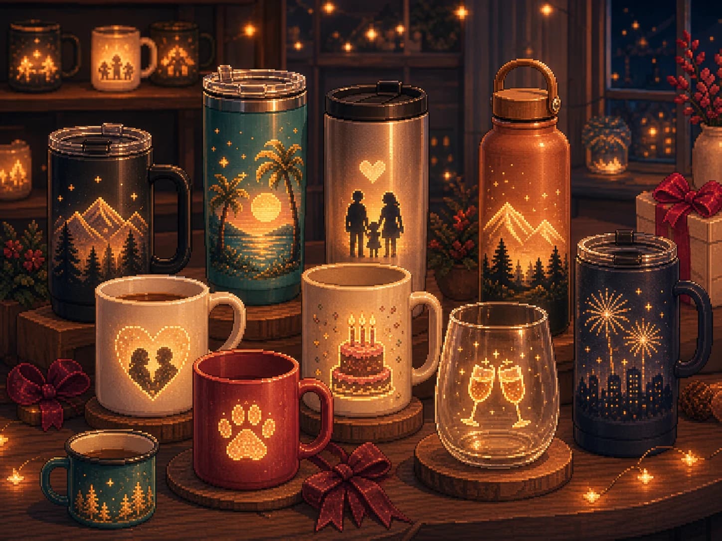 Pixel-art-inspired representative drinkware scene for the Personal Drinkware collection.